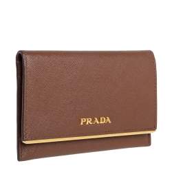 Pre Owned Prada Tan Saffiano Leather Flap Metal Card Holder