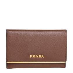 Pre Owned Prada Tan Saffiano Leather Flap Metal Card Holder