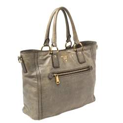Pre Owned Prada Grey Soft Leather Front Zip Tote