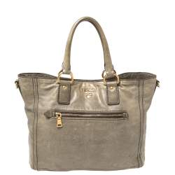 Pre Owned Prada Grey Soft Leather Front Zip Tote