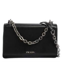 Pre Owned Prada Black Saffiano Lux Leather and Nylon Flap Chain Shoulder Bag