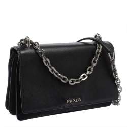 Pre Owned Prada Black Saffiano Lux Leather and Nylon Flap Chain Shoulder Bag