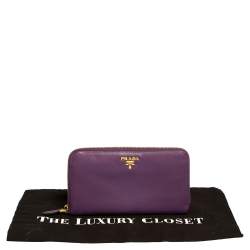 Pre Owned Prada Purple Saffiano Lux Leather Zip Around Wallet