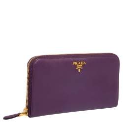 Pre Owned Prada Purple Saffiano Lux Leather Zip Around Wallet