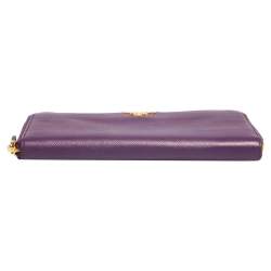 Pre Owned Prada Purple Saffiano Lux Leather Zip Around Wallet