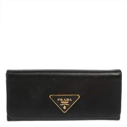 Prada Black Saffiano Oro Leather Accordion Card Holder Prada