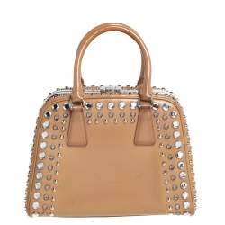 Pre Owned Prada Beige Saffiano Leather Crystal Embellished Pyramid Frame Satchel