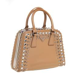 Pre Owned Prada Beige Saffiano Leather Crystal Embellished Pyramid Frame Satchel