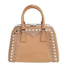 Pre Owned Prada Beige Saffiano Leather Crystal Embellished Pyramid Frame Satchel