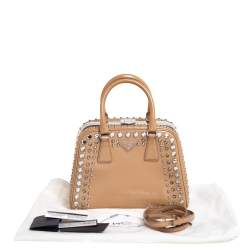 Pre Owned Prada Beige Saffiano Leather Crystal Embellished Pyramid Frame Satchel