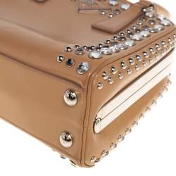 Pre Owned Prada Beige Saffiano Leather Crystal Embellished Pyramid Frame Satchel