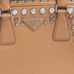 Pre Owned Prada Beige Saffiano Leather Crystal Embellished Pyramid Frame Satchel