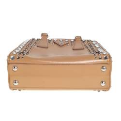 Pre Owned Prada Beige Saffiano Leather Crystal Embellished Pyramid Frame Satchel