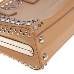 Pre Owned Prada Beige Saffiano Leather Crystal Embellished Pyramid Frame Satchel