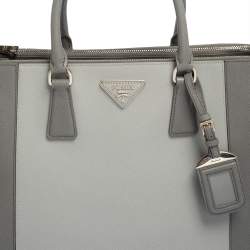 Pre Owned Prada Grey Two Tone Saffiano Lux Leather Large Double Zip Tote