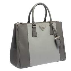 Pre Owned Prada Grey Two Tone Saffiano Lux Leather Large Double Zip Tote