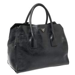Pre Owned Prada Midnight Blue Glazed Leather Zip Tote