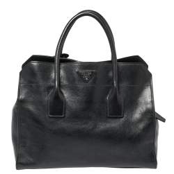 Pre Owned Prada Midnight Blue Glazed Leather Zip Tote