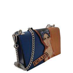 Pre Owned Prada Blue/Multicolor Saffiano Leather Print Frame Shoulder Bag 