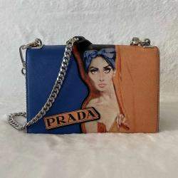 Pre Owned Prada Blue/Multicolor Saffiano Leather Print Frame Shoulder Bag 