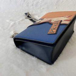 Pre Owned Prada Blue/Multicolor Saffiano Leather Print Frame Shoulder Bag 