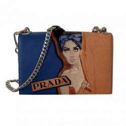 Pre Owned Prada Blue/Multicolor Saffiano Leather Print Frame Shoulder Bag 