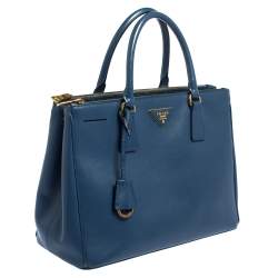 Pre Owned Prada Blue Saffiano Lux Leather Medium Galleria Double Zip Tote