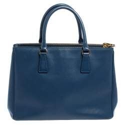 Pre Owned Prada Blue Saffiano Lux Leather Medium Galleria Double Zip Tote