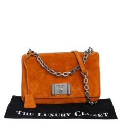 Pre Owned Prada Orange Suede Lock Flap Chain Shoulder Bag