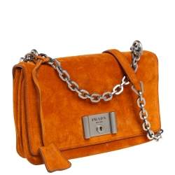 Pre Owned Prada Orange Suede Lock Flap Chain Shoulder Bag