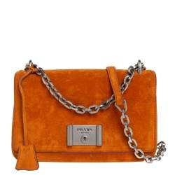 Pre Owned Prada Orange Suede Lock Flap Chain Shoulder Bag