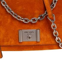 Pre Owned Prada Orange Suede Lock Flap Chain Shoulder Bag