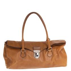 Pre Owned Prada Brown Leather Easy Foldover Pushlock Satchel