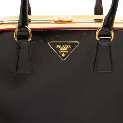 Pre Owned Prada Black/Yellow Saffiano Vernice Leather Pyramid Frame Satchel