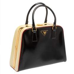 Pre Owned Prada Black/Yellow Saffiano Vernice Leather Pyramid Frame Satchel
