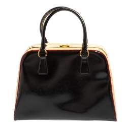 Pre Owned Prada Black/Yellow Saffiano Vernice Leather Pyramid Frame Satchel