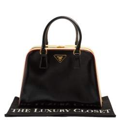 Pre Owned Prada Black/Yellow Saffiano Vernice Leather Pyramid Frame Satchel