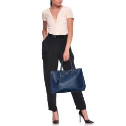 Pre Owned Prada Blue Saffiano Lux Leather Large Gardener's Tote