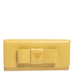 Pre Owned Prada Yellow Saffiano Fiocco Leather Bow Continental Wallet