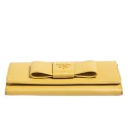 Pre Owned Prada Yellow Saffiano Fiocco Leather Bow Continental Wallet