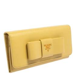 Pre Owned Prada Yellow Saffiano Fiocco Leather Bow Continental Wallet
