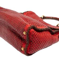 Pre Owned Prada Red/Brown Woven Goatskin Leather Madras Top Handle Bag