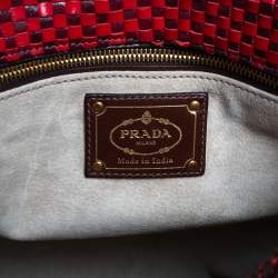 Pre Owned Prada Red/Brown Woven Goatskin Leather Madras Top Handle Bag