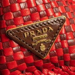 Pre Owned Prada Red/Brown Woven Goatskin Leather Madras Top Handle Bag