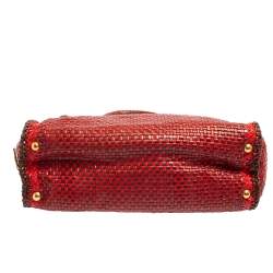 Pre Owned Prada Red/Brown Woven Goatskin Leather Madras Top Handle Bag
