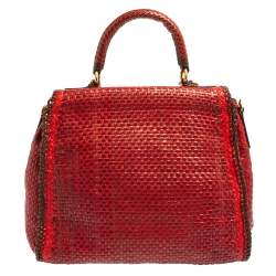 Pre Owned Prada Red/Brown Woven Goatskin Leather Madras Top Handle Bag