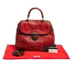 Pre Owned Prada Red/Brown Woven Goatskin Leather Madras Top Handle Bag