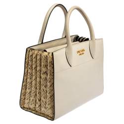 Pre Owned Prada Beige/White Leather and Snakeskin Bibliotheque Tote