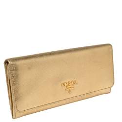 Pre Owned Prada Metallic Gold Saffiano Leather Flap Continental Wallet