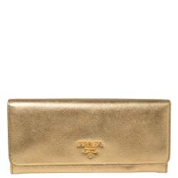 Pre Owned Prada Metallic Gold Saffiano Leather Flap Continental Wallet